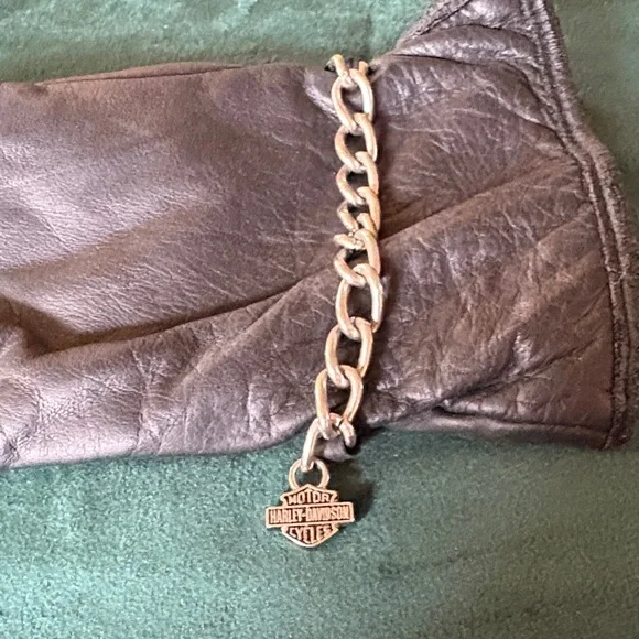 Harley-Davidson Brown Leather Gloves with silver chain - Picture 3 of 5